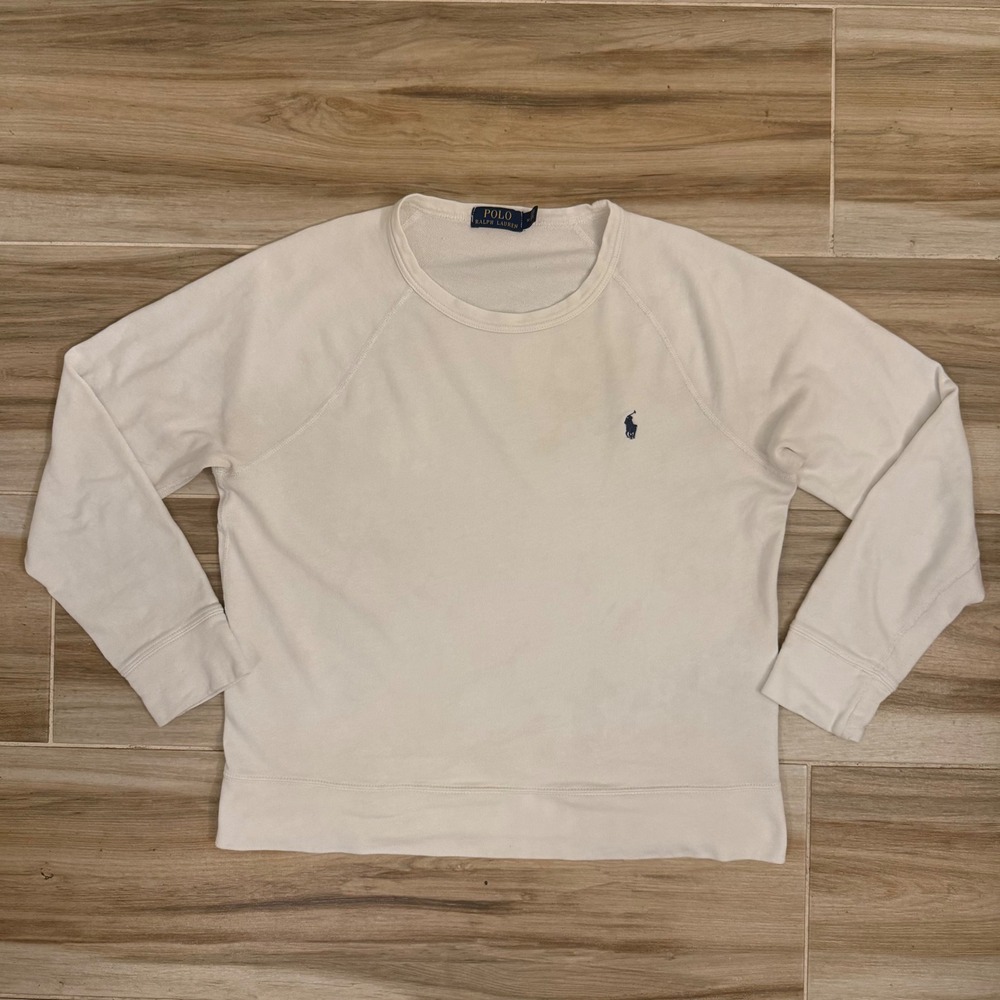 Polo Ralph Lauren Mens Crewneck Sweatshirt Off White Cream Blue Pony Size M Boxy